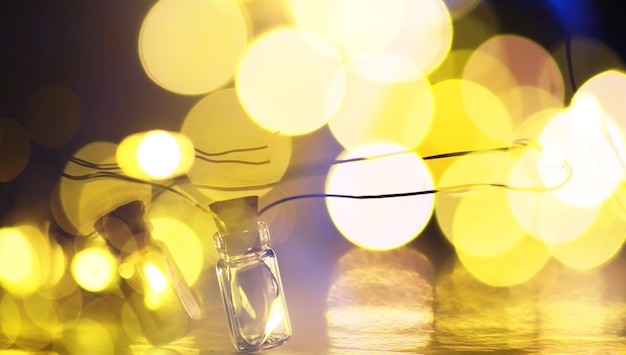 Photo guirlande de noël de bouteilles en verre, bocaux avec une plante à l'intérieur. concept de nouvel an et de noël. une guirlande d'ampoules avec une belle lumière et un bokeh
