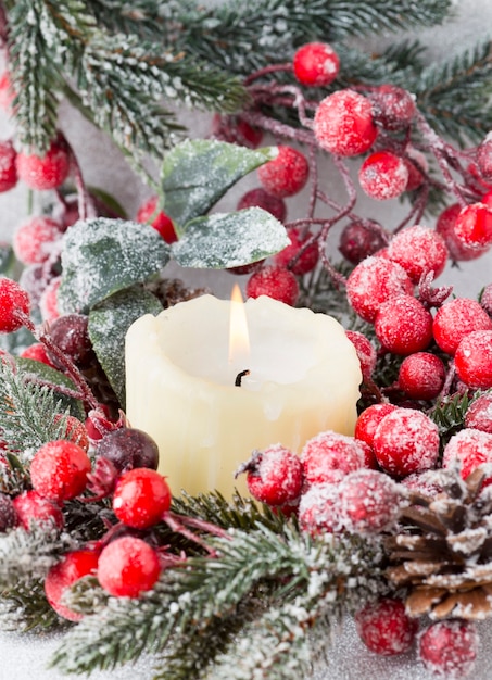 Guirlande de Noël de fruits rouges, un sapin et des cônes