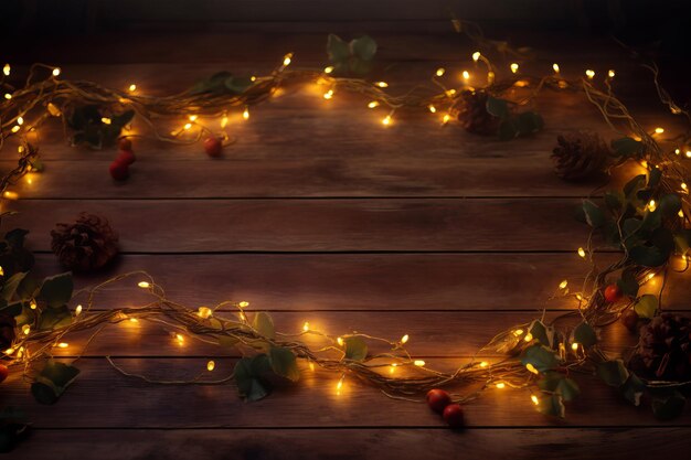 Une guirlande de Noël avec des lumières et des feuilles sur une table en bois