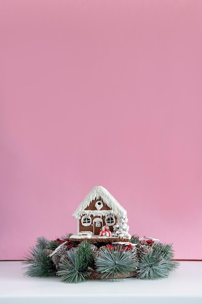 Guirlande de Noël et maison en pain d'épice sur fond rose nouvel an et espace de copie de Noël