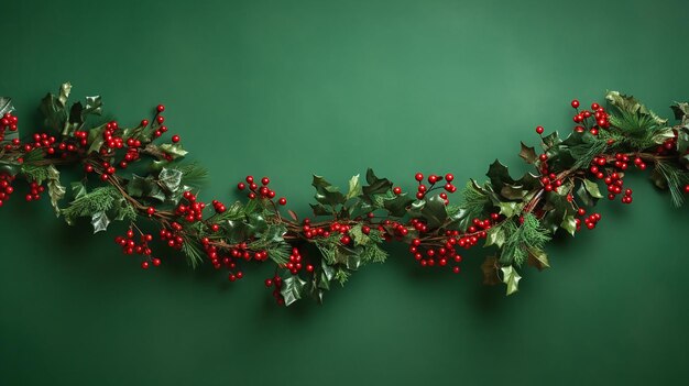 Guirlande de Noël rouge vert sur fond vert espace de copie pour le texte