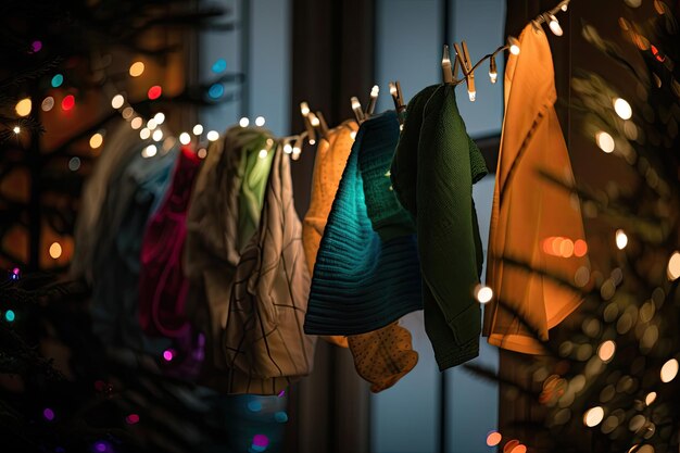 Photo guirlande de vacances suspendue à des cordes à linge avec des lumières colorées