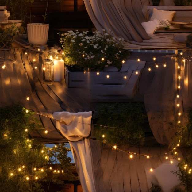 Des guirlandes lumineuses enchanteresses dans un patio extérieur confortable