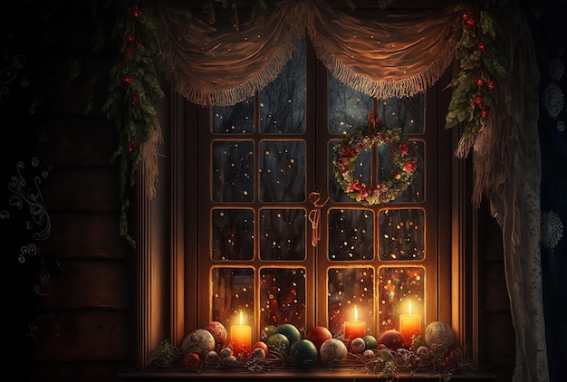 Des guirlandes de Noël sont utilisées pour orner la fenêtre