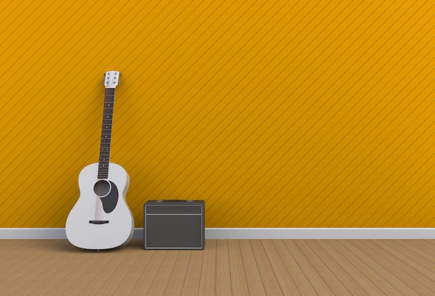 Guitare acoustique avec amplificateur de guitare dans une pièce jaune, rendu 3D