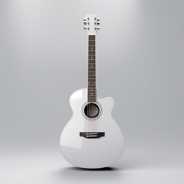 guitare acoustique blanche arrafée sur un fond gris avec un projecteur génératif ai