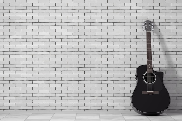 Guitare acoustique en bois noir devant le mur de briques. Rendu 3D