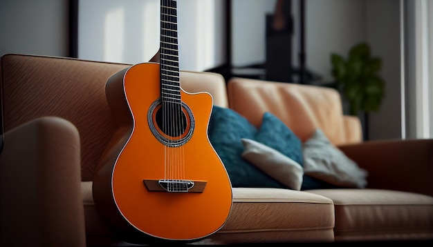 Guitare acoustique sur canapé dans un salon moderne AI générative