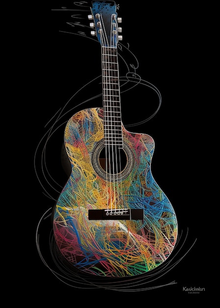 Une guitare acoustique colorée sur fond sombre AI Generated Image