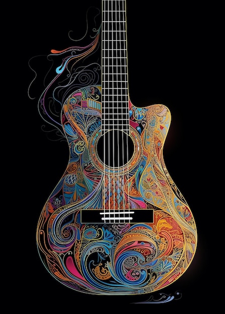 Une guitare acoustique colorée sur fond sombre AI Generated Image