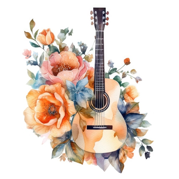 Dessin au crayon de couleur pour guitare acoustique avec bouquet de fleurs  · Creative Fabrica