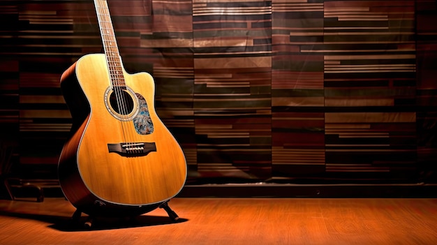 Guitare acoustique debout contre le mur en bois