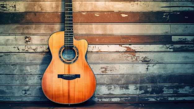 Guitare acoustique debout contre le mur en bois