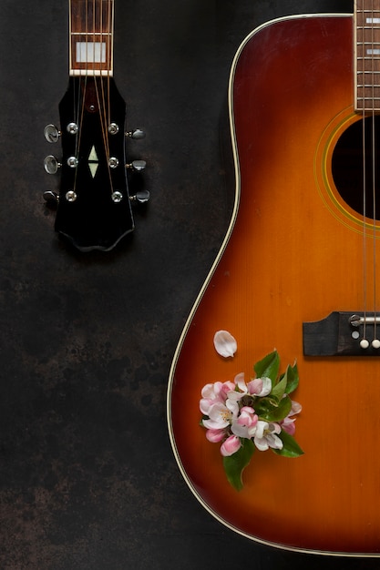 Guitare acoustique et fleurs de pommier