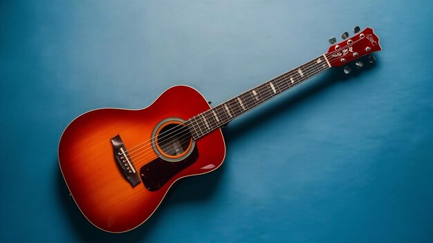 Guitare acoustique rouge sur fond bleu