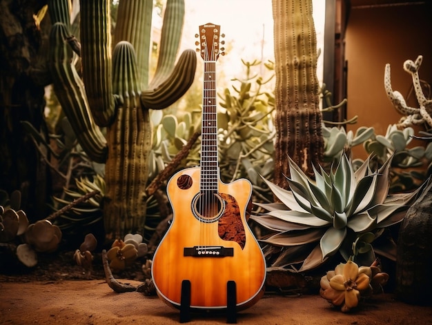 Une guitare allongée sur le sol à côté d'un cactus