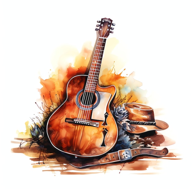 Photo guitare à aquarelle ouest sauvage ouest cow-boy désert illustration clipart