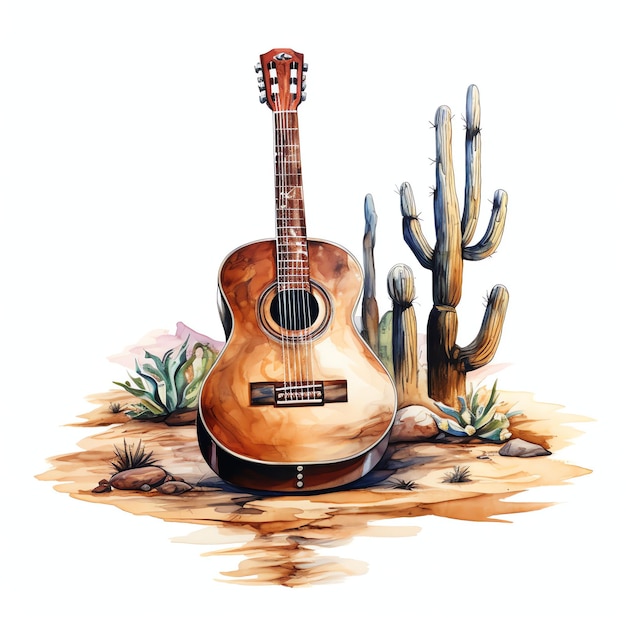 guitare à aquarelle ouest sauvage ouest cow-boy désert illustration clipart