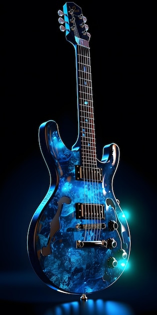 guitare bleue dans les flammes bleues sur fond noir