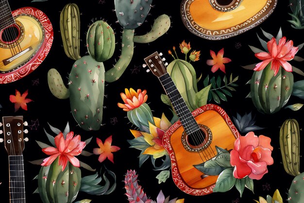 Une guitare et un cactus sont sur fond noir avec un cactus et une guitare.