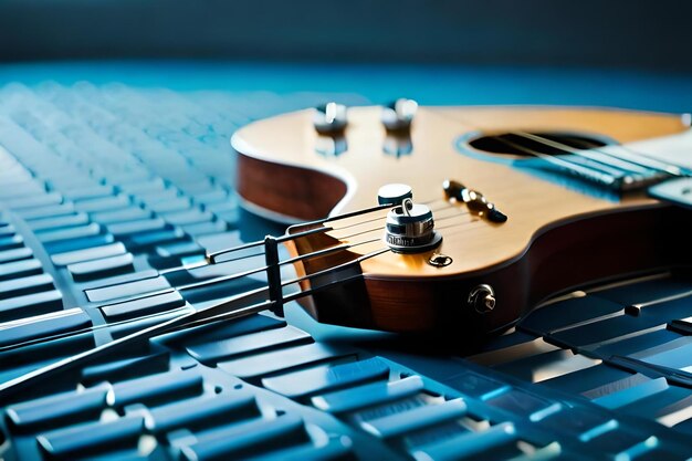 Une guitare avec un cadre en bois se trouve sur une surface bleue.