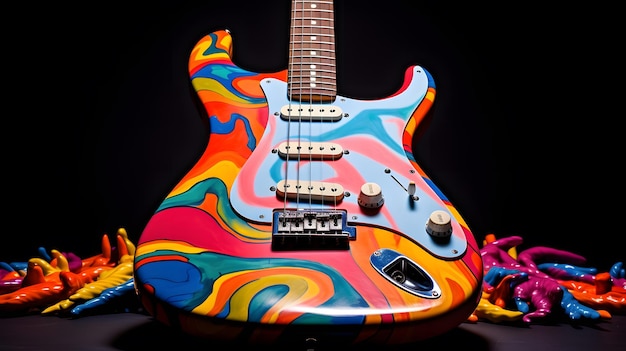 Une guitare colorée avec un éclaboussure de peinture sur le corps