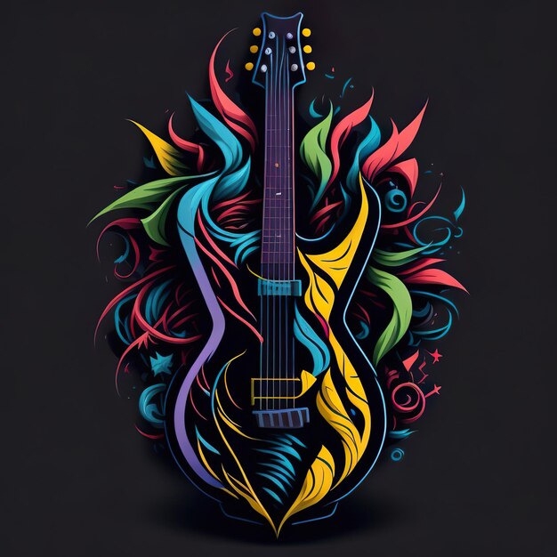 Une guitare colorée avec un fond noir et un design bleu et jaune.