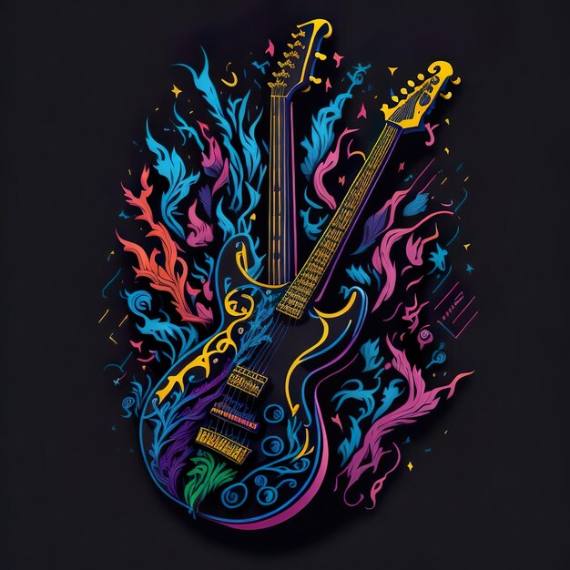 Une guitare colorée avec un fond noir et une flamme bleue au milieu.