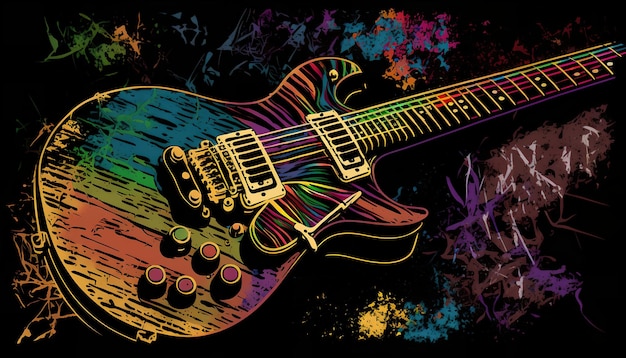 Une guitare colorée sur fond noir