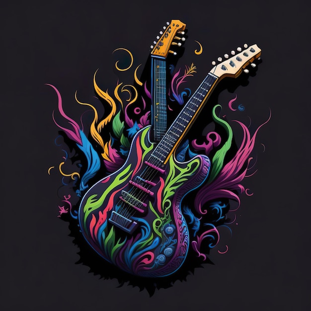 Une guitare colorée avec le mot musique dessus