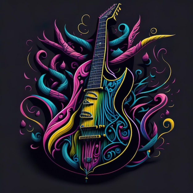 Une guitare colorée avec le mot « musique » dessus