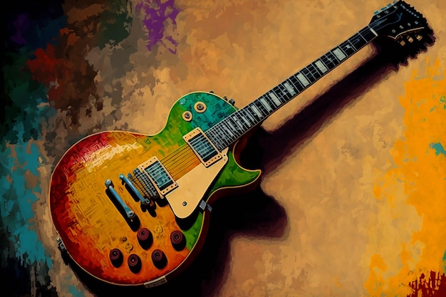 Une guitare colorée avec le mot rock dessus