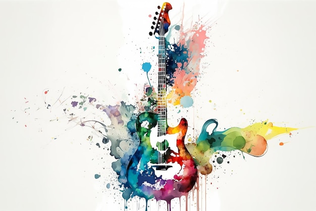 Une guitare colorée avec une touche de peinture dessus.