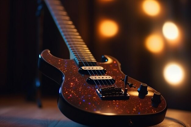 Une guitare avec un corps en bois et un fond noir avec des lumières dessus.