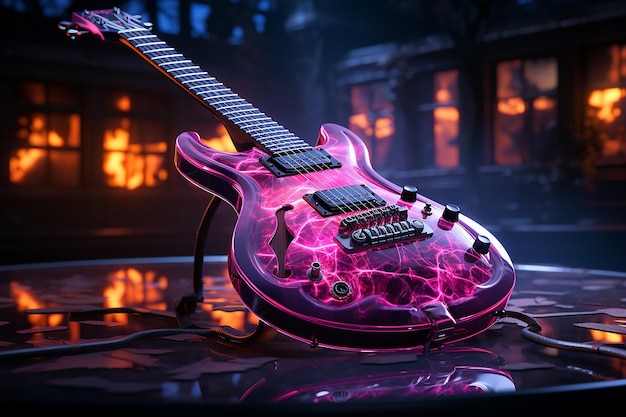 Photo une guitare avec un corps violet et un fond noir d'une cheminée