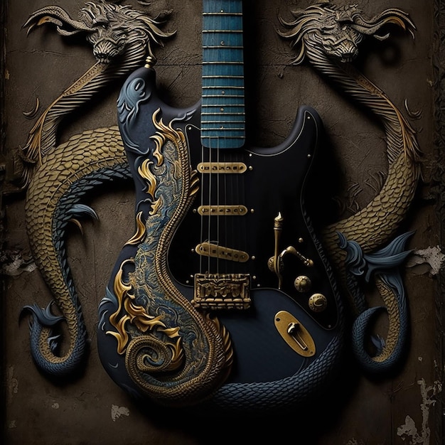 Une guitare avec un dragon dessus