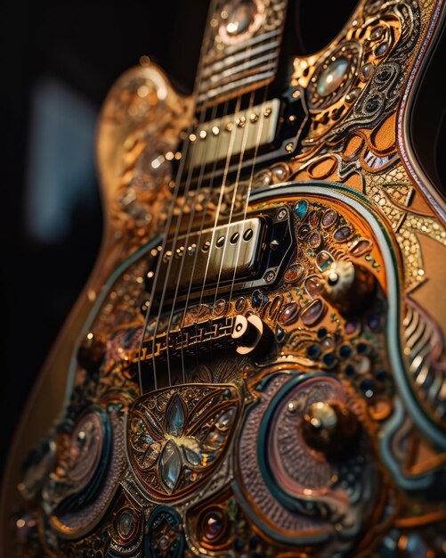 Une guitare électrique dorée avec des ornements en gros plan