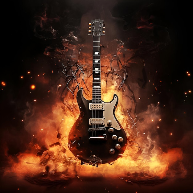 Une guitare électrique engloutie dans les flammes ses cordes fondant créant un spectacle de feu