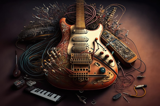 Guitare électrique entourée d'un mélange d'instruments et d'équipements de groupe créés avec une IA générative