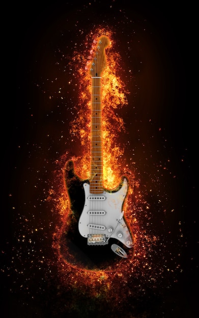 Guitare électrique en explosion de feu