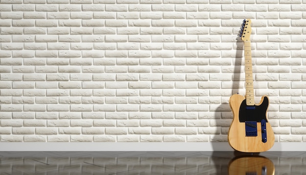 Guitare électrique sur fond de mur de briques beige, illustration 3d