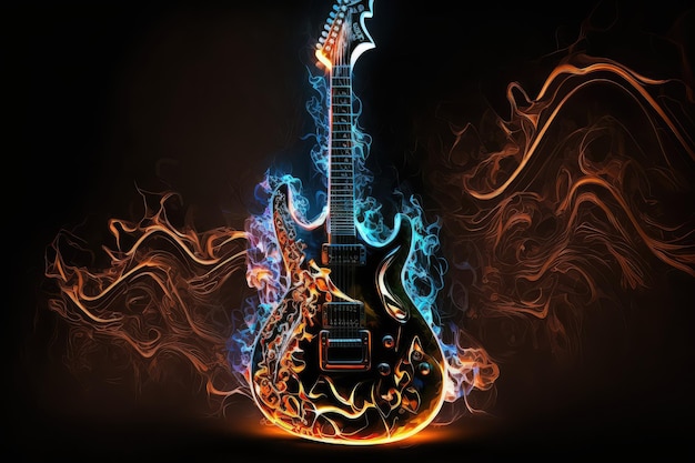 Guitare électrique avec lumières et effets dans l'obscurité créée avec générative ai