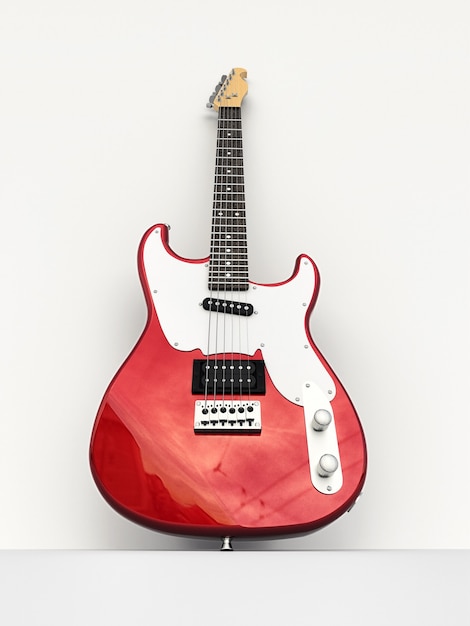 Guitare électrique à six cordes rouge et blanche sur fond blanc. rendu 3D.