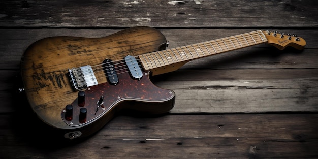 Guitare électrique sur une vieille surface en bois grungy