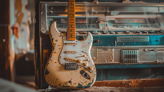 Photo une guitare électrique vintage est assise sur une table en bois devant une vieille radio rétro
