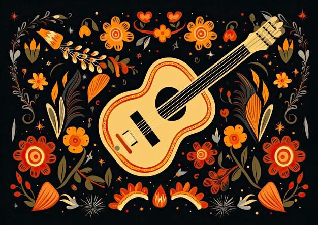 Une guitare est entourée de fleurs et de feuilles.