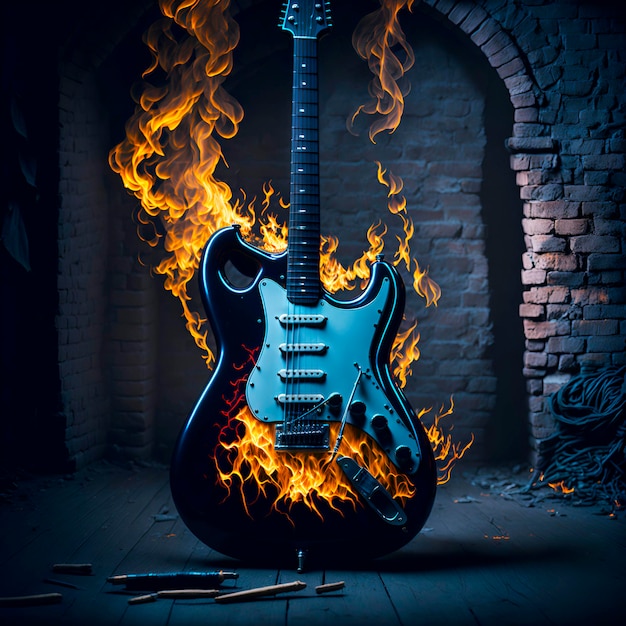 Une guitare est illuminée par le feu