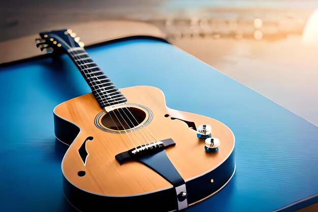 Une guitare est posée sur une table bleue.