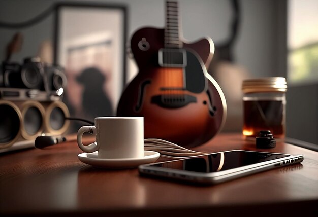 Une guitare est posée sur une table à côté d'une tasse à café et d'une tasse à café.