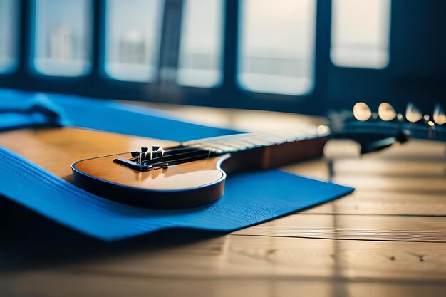 Une guitare est posée sur un tapis bleu devant une fenêtre.